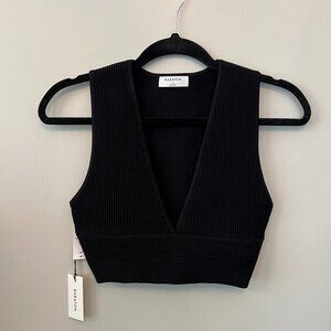 NWT Babaton Tops Carlotta Sculpt Knit Deep V Neck Crop Tank Small Black